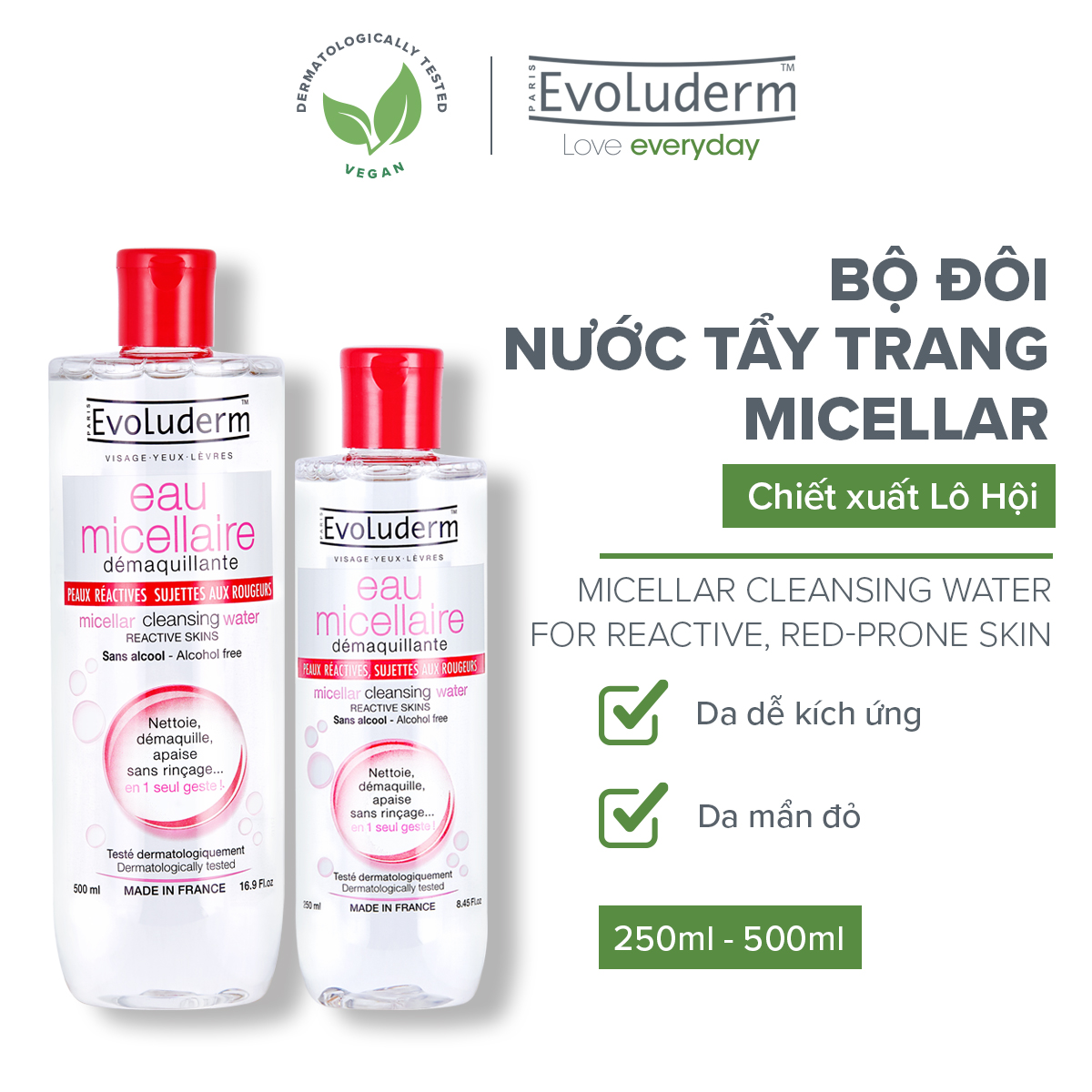 Bộ 2 sản phẩm nước tẩy trang Evoluderm dành cho da mẫn cảm dễ bị kích ứng 500ml+250ml