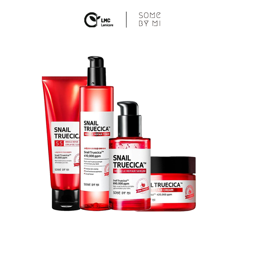 Bộ 4 sản phẩm tái tạo phục hồi da, mờ thâm sẹo some by mi snail truecica miracle repair cleanser, toner, serum, cream Full size