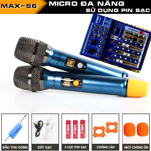 BỘ ĐÔI MIC MAX 56 KHÔNG DÂY ĐA NĂNG CAO CẤP- Hút Âm Tốt, Chống Hú Hiệu Quả - Sạc Pin Ngay Trên Mic - Sử Dụng Pin Sạc Dung Lượng Cao - Màn Hình LCD Hiển Thị Tần Số - Phù Hợp Mọi Thiết Bị.