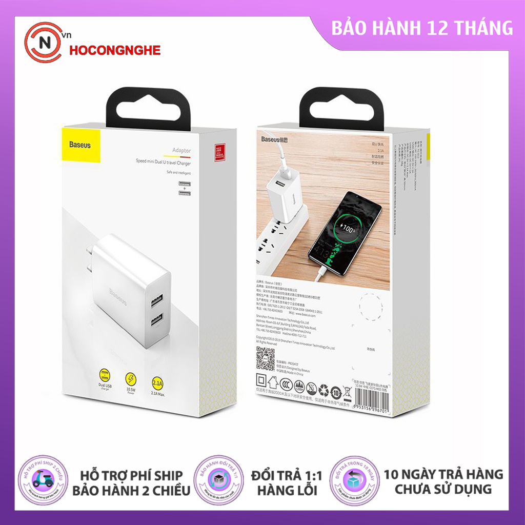 🌟chính hãng🌟củ sạc 2 cổng usb baseus speed mini dual u charger ccfs-m02 10.5w