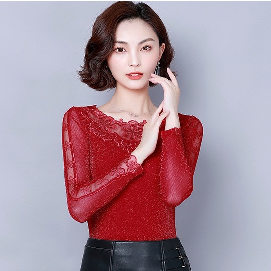 Hàng nhập : áo thun ánh kim , cổ phối voan thêu đính đá – ak 379