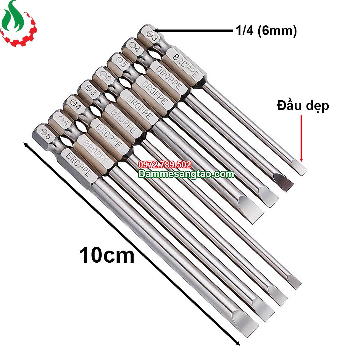Mũi vít 2 cạnh dẹp chuôi lục giác broppe dài 10cm