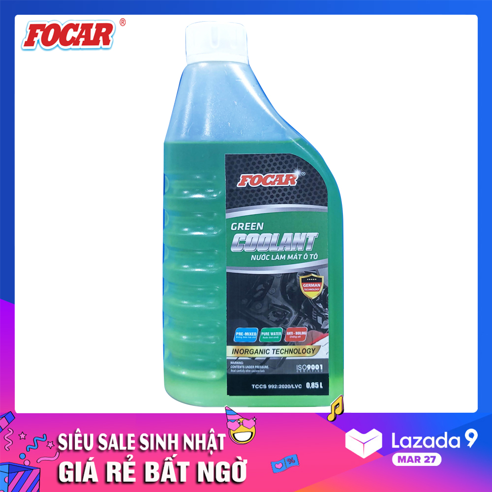 Nước làm mát động cơ ô tô xe máy FOCAR Green Coolant 0.85L - Nước mát xe hơi, nước làm mát ô tô, nước làm mát động cơ, long life coolant nhiệt độ sôi 130 độ, dùng trong 2 năm - Nước giải nhiệt động cơ