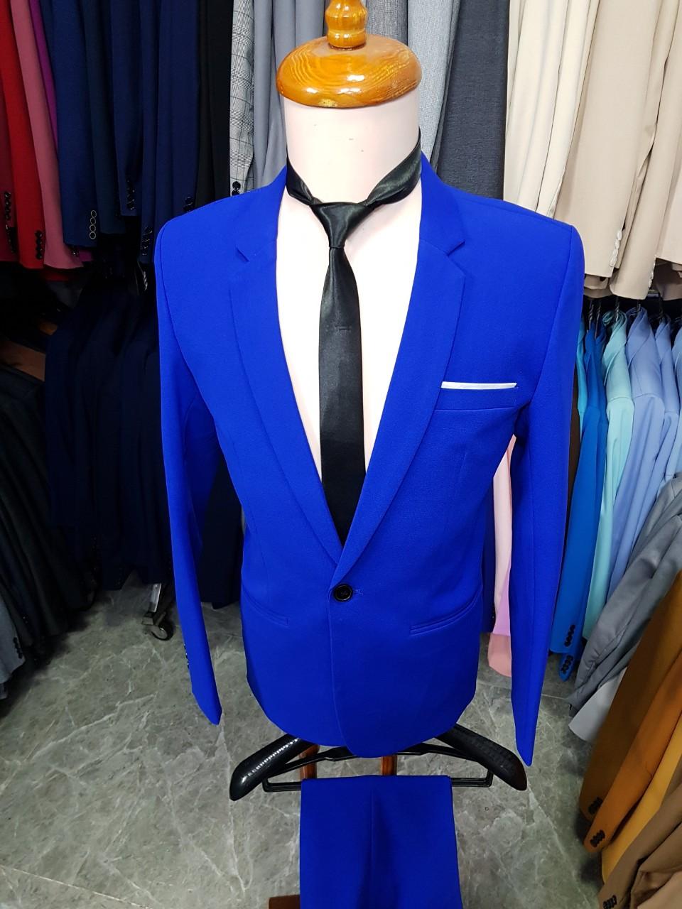 [HCM]Bộ vest nam 1 nút form ôm màu xanh bích + cà vạt nơ đen