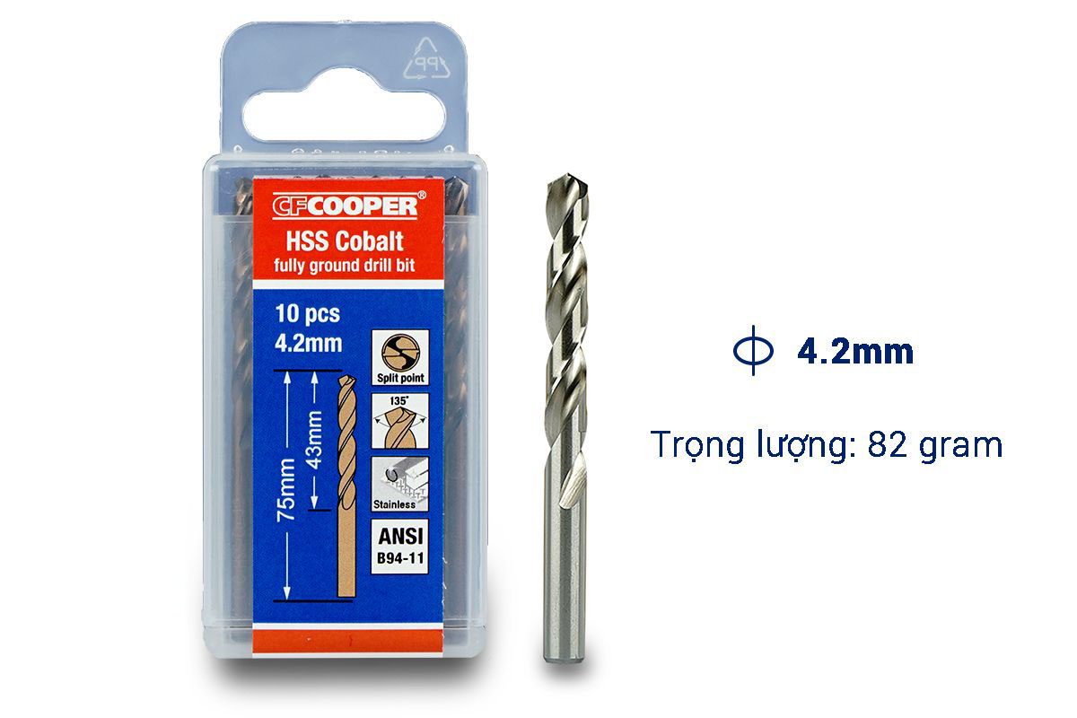 Mũi khoan inox thép cobalt cf cooper 4.2 mm hcm042 -hộp 10mũi