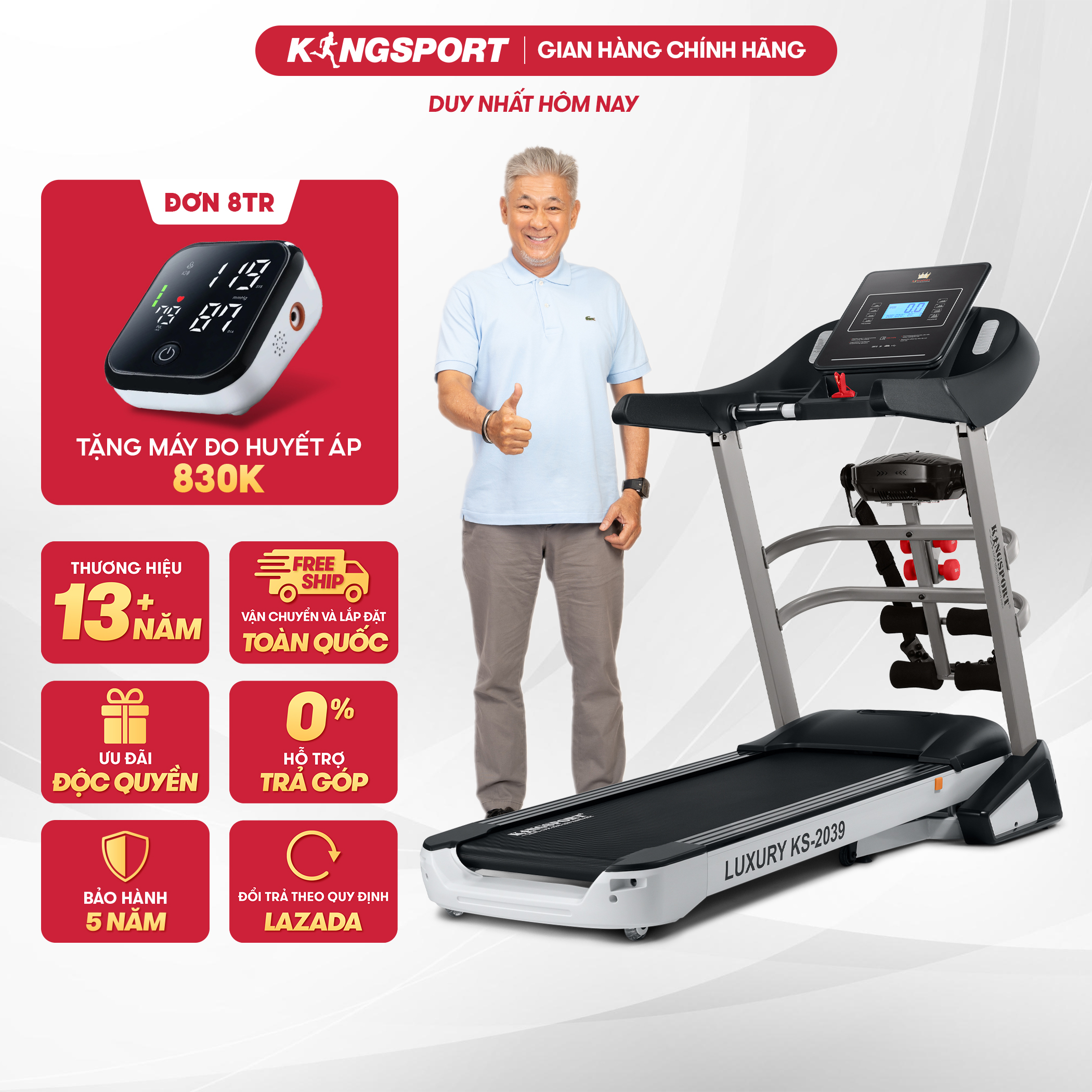 [Chỉ 8-14.4 | Miễn phí lắp đặt] Máy chạy bộ tại nhà Kingsport Luxury KS-2039 có chức nâng dốc tự động, kèm theo đai massage và thanh gập bụng