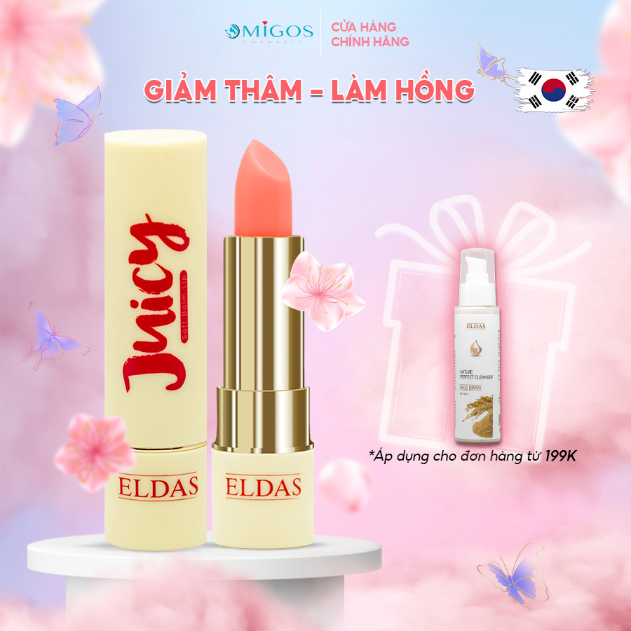 Son dưỡng môi eldas juicy, son dưỡng có màu, dưỡng môi hồng, nứt nẻ, ngừa thâm môi, vitamin e, 5 gram/thỏi