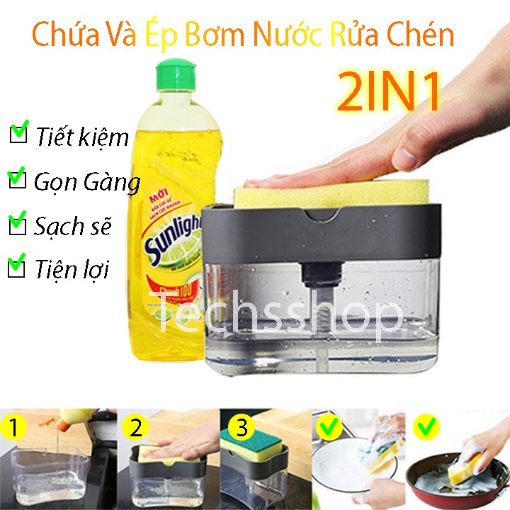 Hộp đựng nước rửa chén có kèm bọt biển - Hộp đựng nước rửa bát - Hộp đựng nước rửa tay - Hộp bơm xà phòng - Dụng cụ rửa chén - Chà rửa nhà vệ sinh - Nhà tắm - Chà rửa nhà bếp