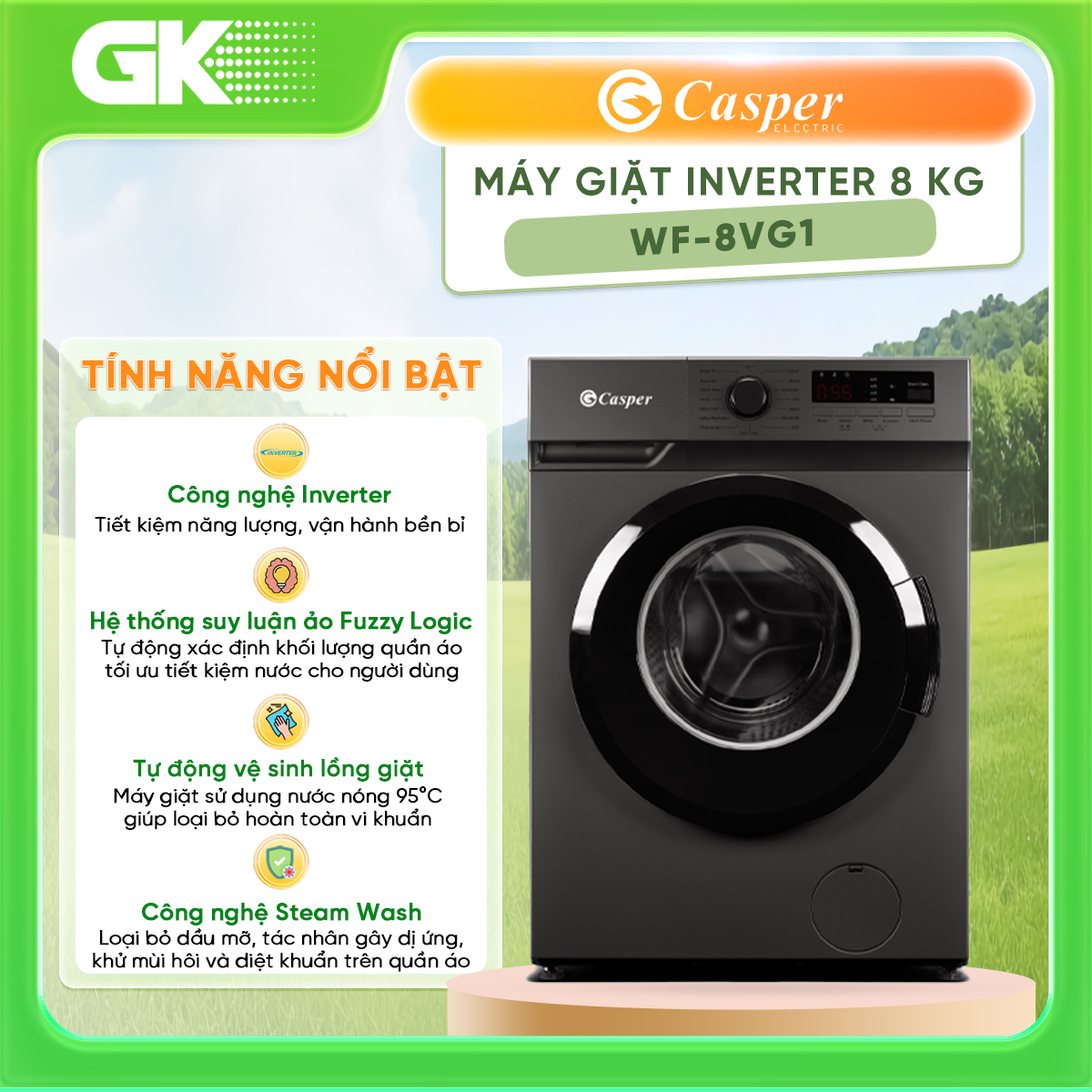 Máy giặt Casper Inverter 8 kg WF-8VG1 - 9.5 Kg WF-95VG5 - 10.5 Kg WF-105VG5 - GIAO TOÀN QUỐC - FREESHIP HCM