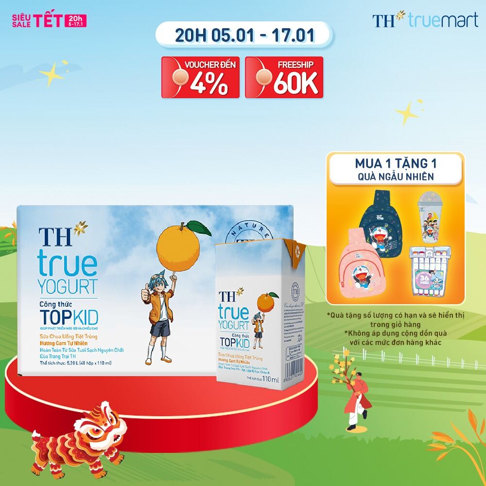 Thùng 48 hộp sữa chua uống tiệt trùng  TH true YOGURT TOPKID hương cam tự nhiên 110 ml (110 ml x 48)