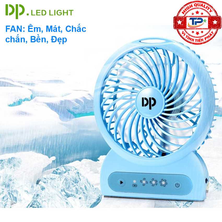 Quạt sạc tích điện mini DP DP-1423C / DP-1423B tích hợp đèn LED chiếu sáng.