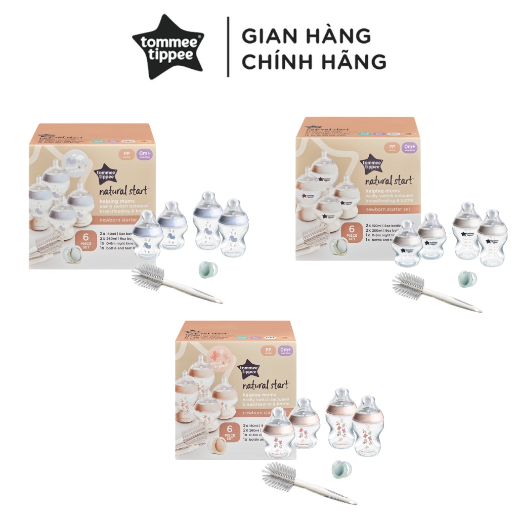 Bộ bình sữa sơ sinh Newborn ty siêu mềm tự nhiên Tommee Tippee Natural Start (bao gồm: 2 bình 260ml, 2 bình 150ml, 1 ty ngậm 0-6 tháng, 2 núm ty thay thế Slow Flow, 1 cọ rửa bình sữa và núm ty