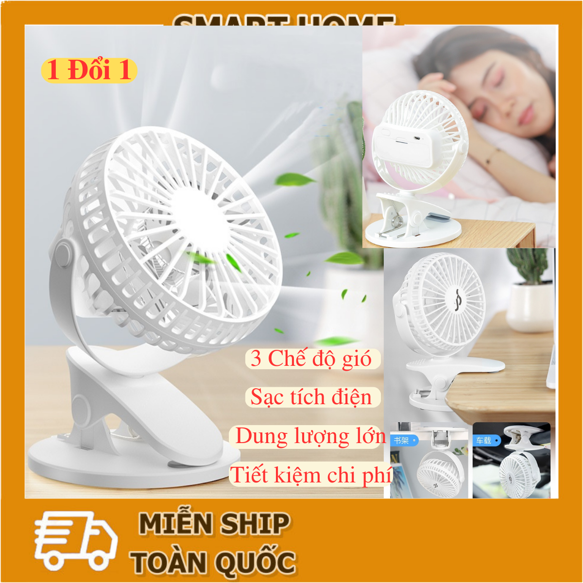 Quạt điện mini để bàn, quạt sạc tích điện cầm tay cổng usb, đế kẹp xoay 360 độ, 3 tốc độ gió, dung lượng pin lớn
