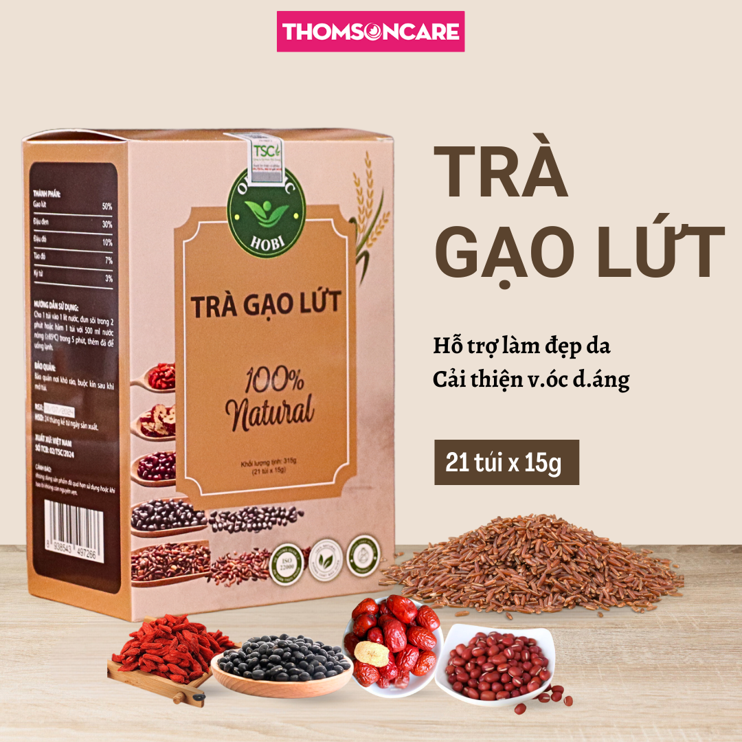 Trà gạo lứt Hobi Organic mẫu mới - Hỗ trợ giảm cholesterol, ổn định đường huyết, giảm cân, hỗ trợ làm đẹp da, cải thiện vóc dáng - (Hộp 21 túi x 15g) Thomsoncare