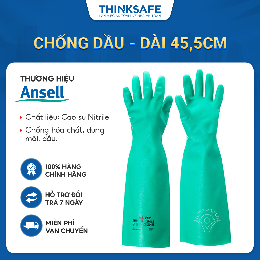 Găng cao su chống hóa chất Ansell 37-185 sử dụng trong lao động và y tế, chống xăng dầu, tẩy rửa, đa dụng - Thinksafe