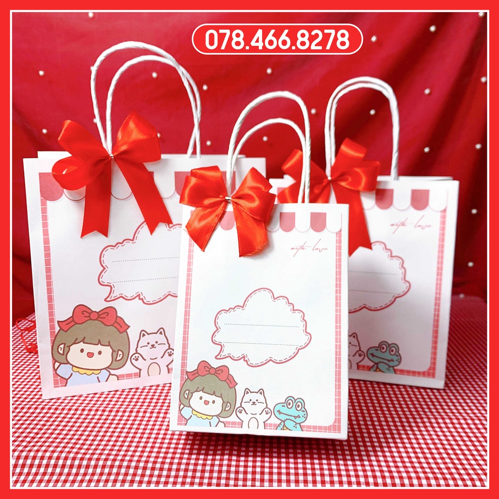 Túi giấy cô gái đỏ cute đựng son, mỹ phẩm, quà tặng, phụ kiện handmade