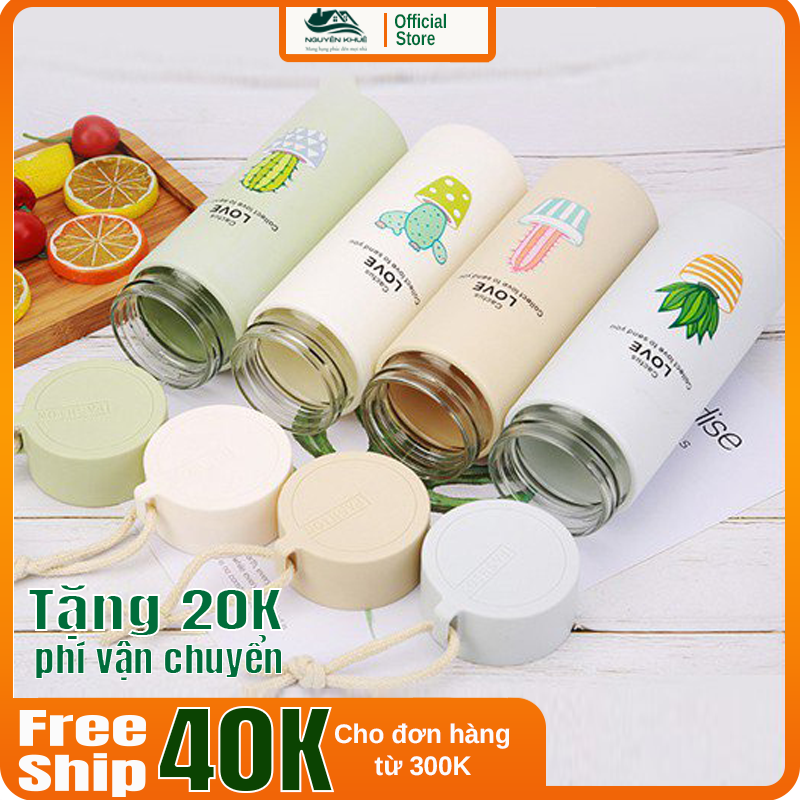 Bình đựng nước lõi thủy tinh họa tiết xương rồng dễ thương dung tích 450ml (BXR10), lọ nước tiện dụng, bình nước trẻ trung, bình nước cute, bình nước giữ nhiệt, bình nước học sinh
