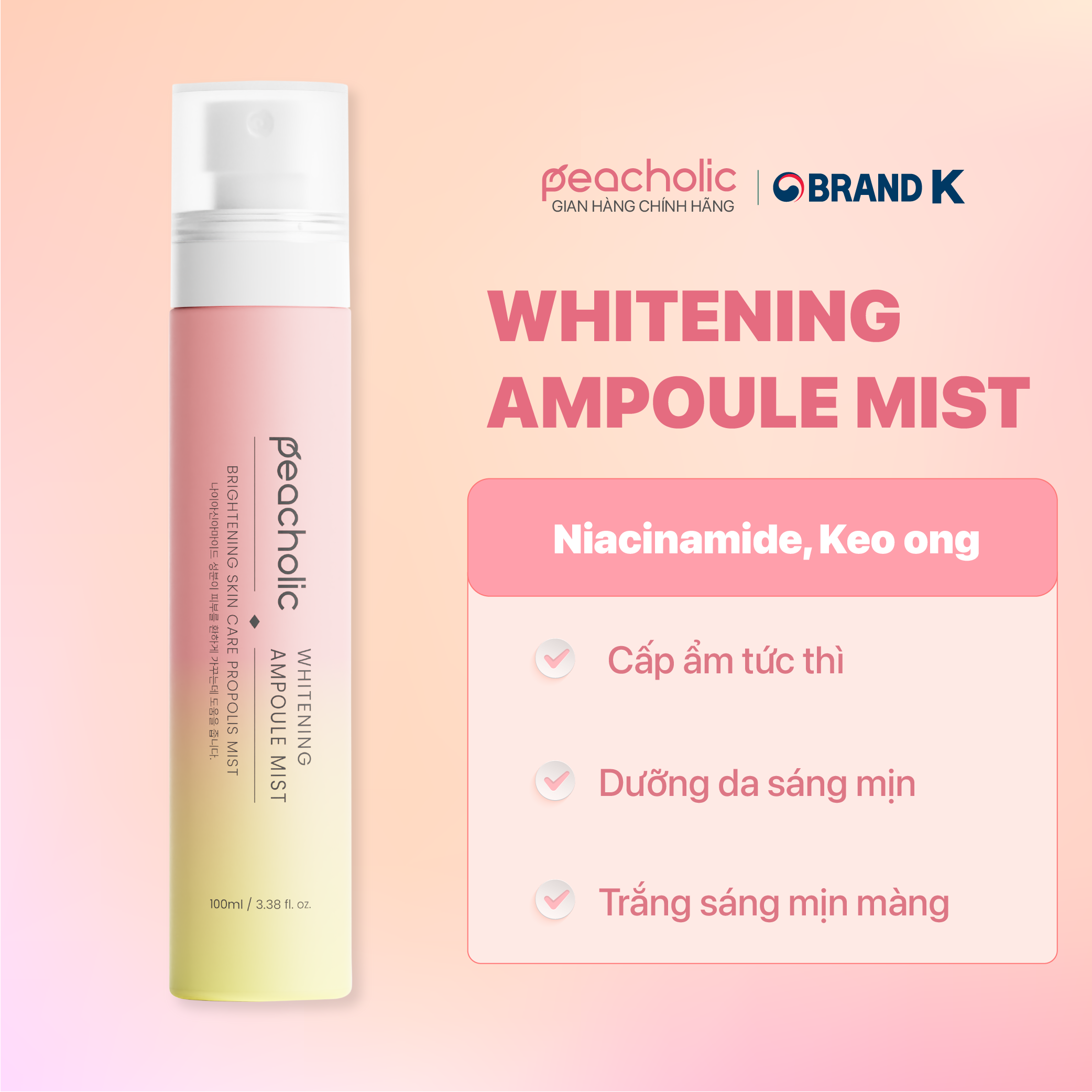 Peacholic xịt khoáng trắng da whitening ampoule mist 100ml