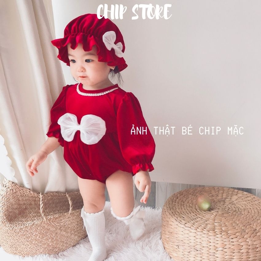 [Free Ship + Quà] Body bé gái nhung đỏ phối nơ trắng cho bé diện đầy tháng noel tết đều xinh CHIP STORE Tặng kèm nón giầy vải giữ ấm cho bé BDND01