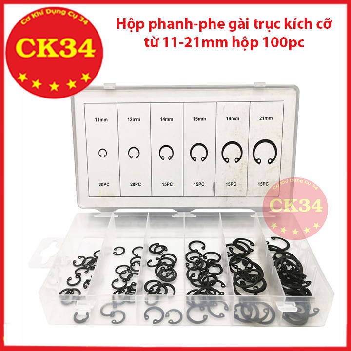 Hộp 100 chiếc phanh phe gài trục các kích cỡ từ 11-21mm chất liệu thép cứng cáp dày dặn
