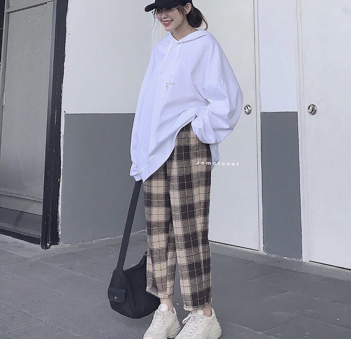 Quần kẻ caro plaid pants dáng suông unisex nâu / xám