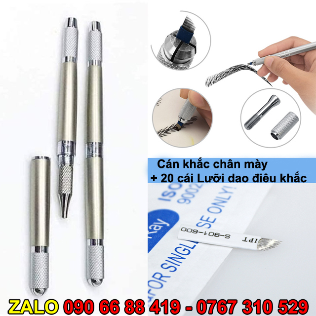 Cán điêu khắc chân mày 3 đầu + 20 cái lưỡi dao điêu khắc 18u-12f-14f-16f-18f, cán điêu khắc lông mày, bút khắc lông mày, cán khắc chân mày
