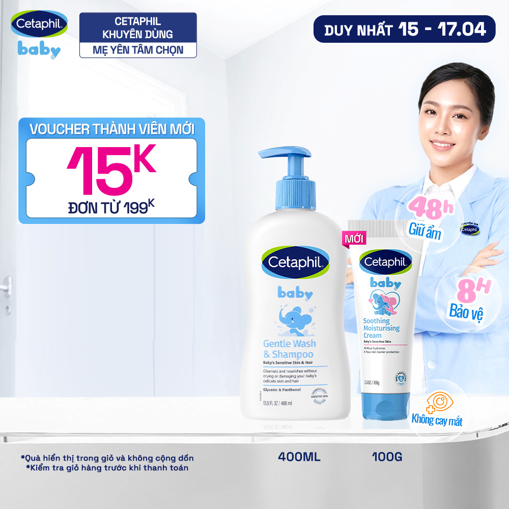 Combo Sữa tắm gội dịu lành cho bé CETAPHIL BABY GENTLE WASH  SHAMPOO 400ML  Kem làm dịu và dưỡng ẩm cho bé Cetaphil Baby Soothing  Moisturising Cream tuýp 100g