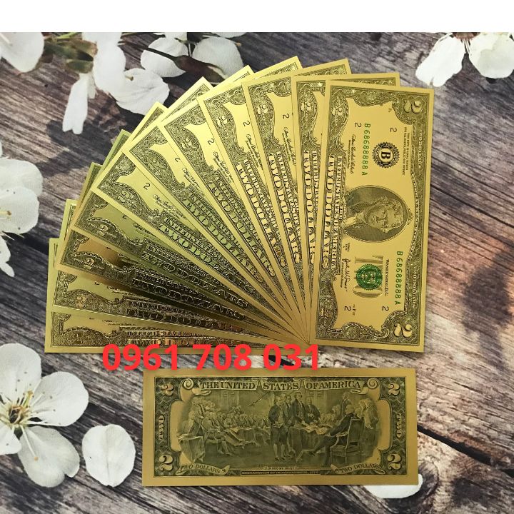 Tiền 2 USD mạ vàng 14.8 x 6.6cm, vàng nhựa plastic dẻo LN0037
