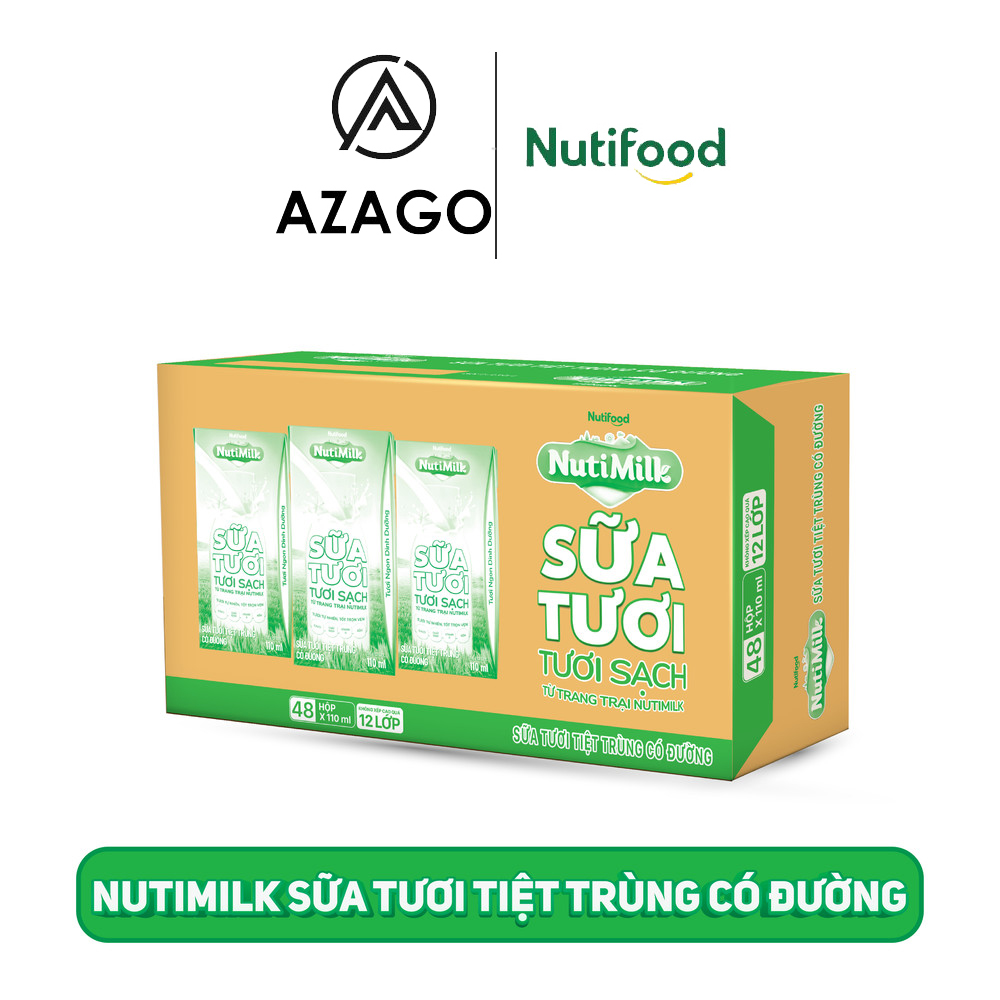Thùng 48 Hộp NutiMilk Sữa tươi sạch - Sữa tươi tiệt trùng Có đường 110ml TU.STCD110AZ - Thương Hiệu NUTIFOOD - AZAGO