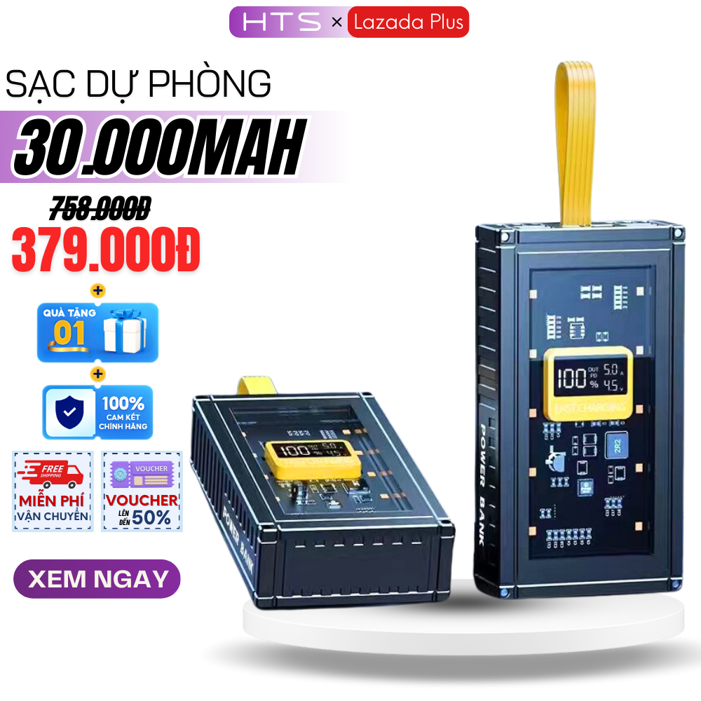 Sạc Dự Phòng Trong Suốt 30000mAh 120W Sạc Siêu Nhanh Siêu Bền Kết Hợp LED Soi Sáng Và 5 Cổng OUT, 3 