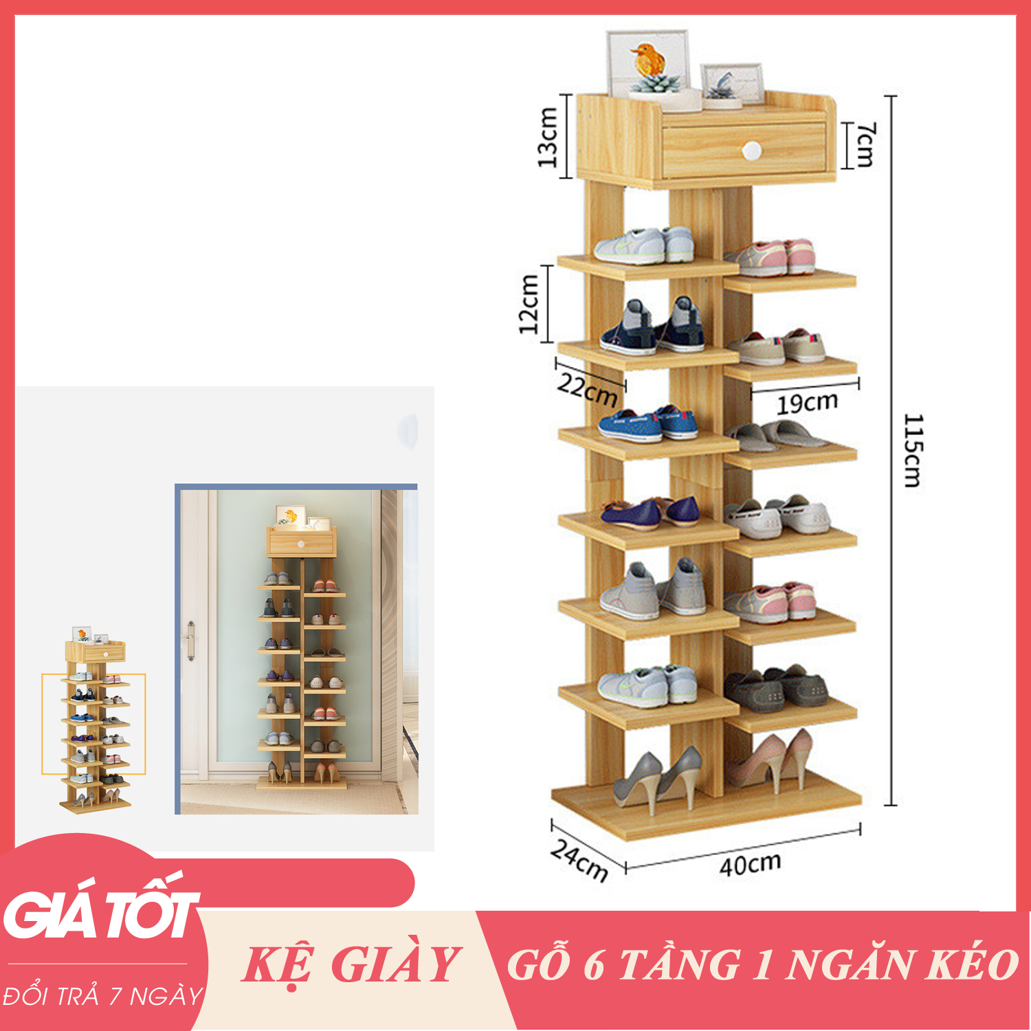 Kệ giày gỗ 6 tầng - Kệ để giày dép gỗ- Có ngăn tủ phụ - Giá để giày, Kệ Giày, Kệ giầy dép - Tủ giày gỗ 6 tầng mẫu mới - HỖ TRỢ ĐỔI TRẢ 7 NGÀY