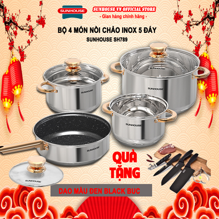 Bộ nồi chảo inox 5 ĐÁY SUNHOUSE SHG789 + tặng dao làm bếp màu đen