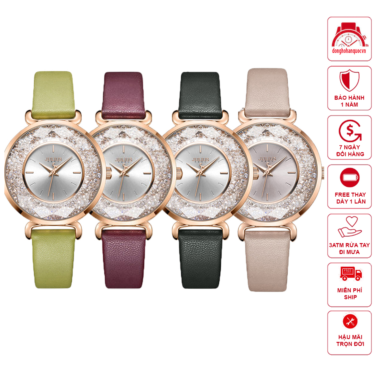 Đồng hồ nữ Julius JA-1203 dây da mặt đá xoay tuyệt đẹp