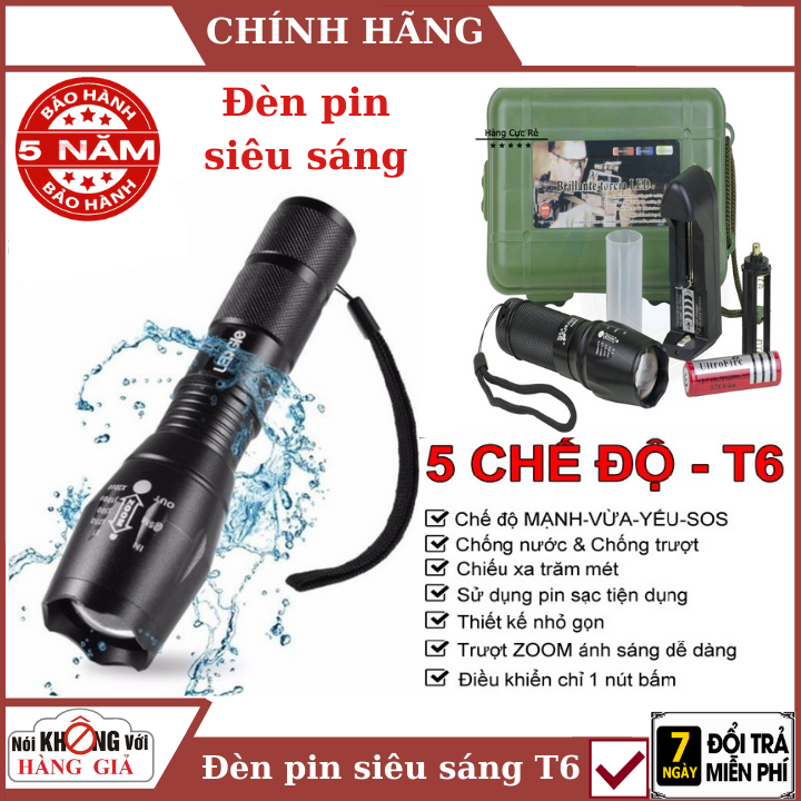 Đèn pin siêu sáng 5 chế độ  cao cấp XML - T6 - sạc pin - chiếu siêu xa - đèn pin sạc , đèn pin tựi vệ , đèn pin led , đèn pin treo đầu , đèn pin sạc được