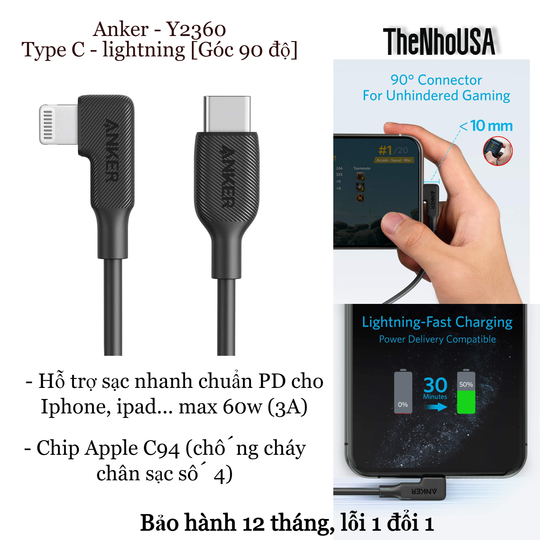 Cáp sạc nhanh Anker 90 độ USB C - Lightning (Y2360/Y2370) - [BH12T]