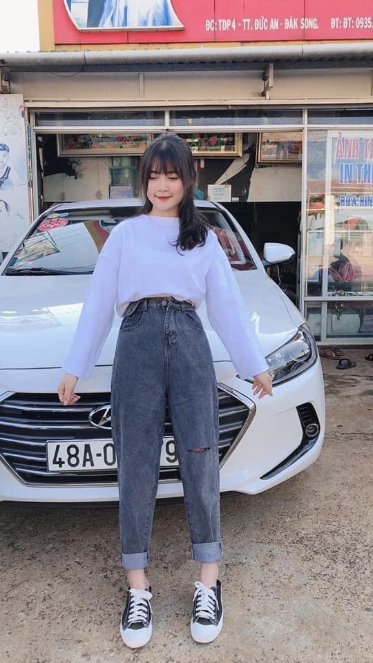 SET BAGGY JEANS XÁM TÚI NẮP RÁCH 1 LINE+ CROP TAY PHỒNG
