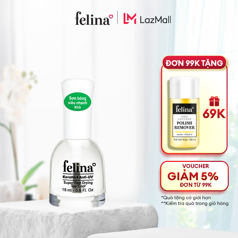 Sơn bóng Felina 18ml, bóng siêu nhanh khô 45 giây, sắc bóng long lanh, bảo vệ móng và màu sơn
