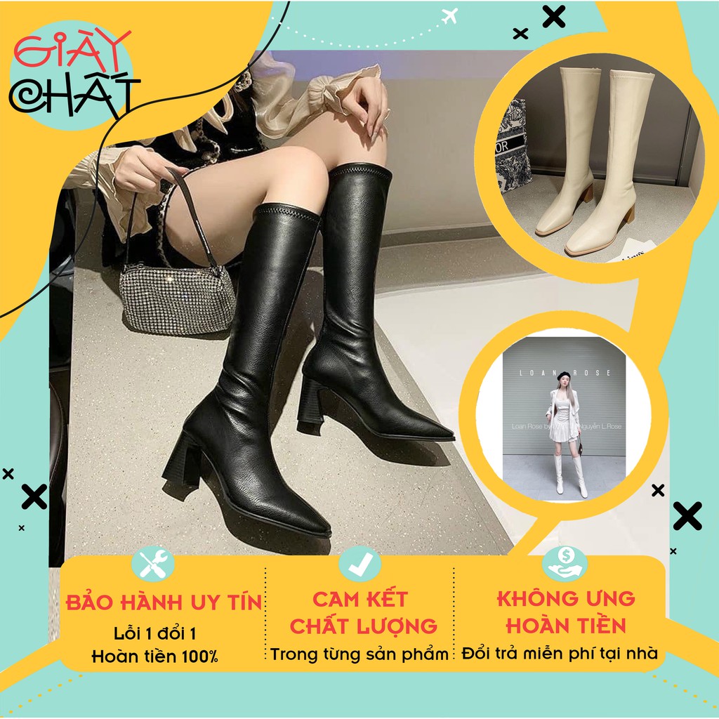 Giày bốt nữ cao cổ đế vuông , Bốt đùi nữ da mềm Đế vuông vân gỗ có khoá kéo siêu hot