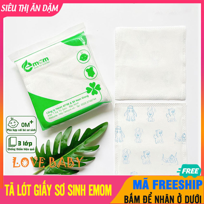 Tã lót giấy sơ sinh emom dày dặn, 3 lớp mềm mại, chống thấm cực tốt - miếng lót sơ sinh, giấy lót phân su, tấm lót sơ sinh, mieng lot so sinh, tã lót - 1 bịch tã giấy sơ sinh emom - btt00196