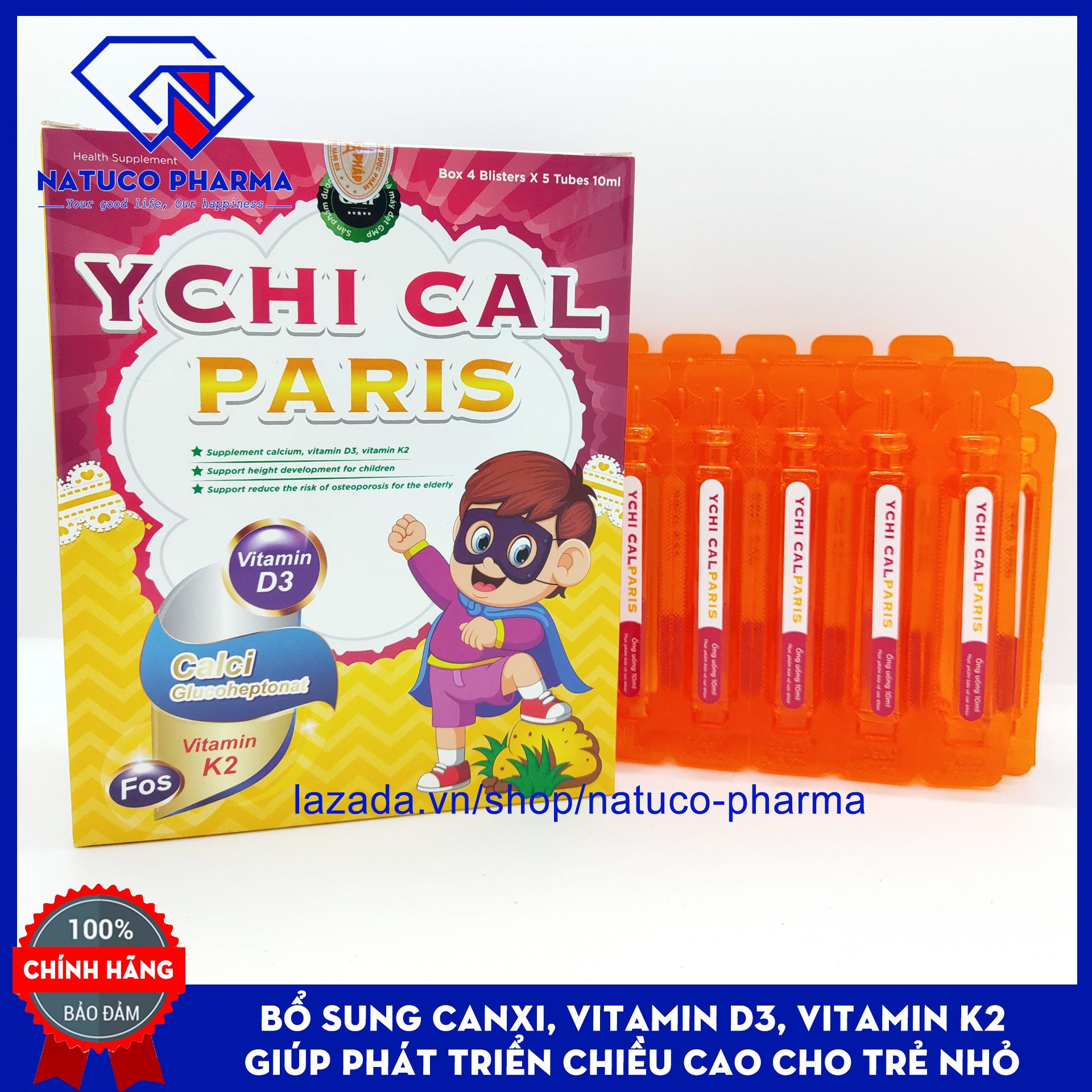 Siro bổ sung canxi tăng chiều cao cho bé YCHI CAL-PARIS - Bổ sung canxi, vitamin D3, Vitamin K2 giúp phát triển xương, tăng chiều cao - Hộp 20 ống 10ml - Chuẩn GMP Bộ Y tế