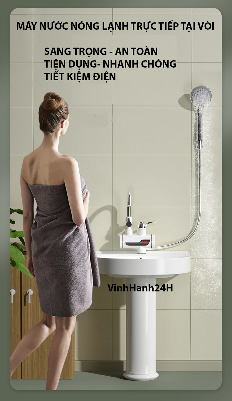 Máy làm nước nóng ngay tại vòi. Có vòi sen tắm, 2 chế độ nước nóng và lạnh
