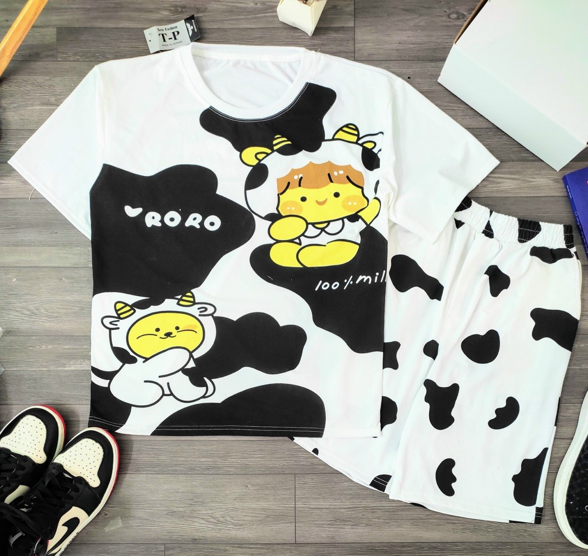 Sét Bộ Bò Sữa Nam Nữ in Hoạt Hình 2 Chú Cừu Siêu Dễ Thương, Mẫu Mới .TP