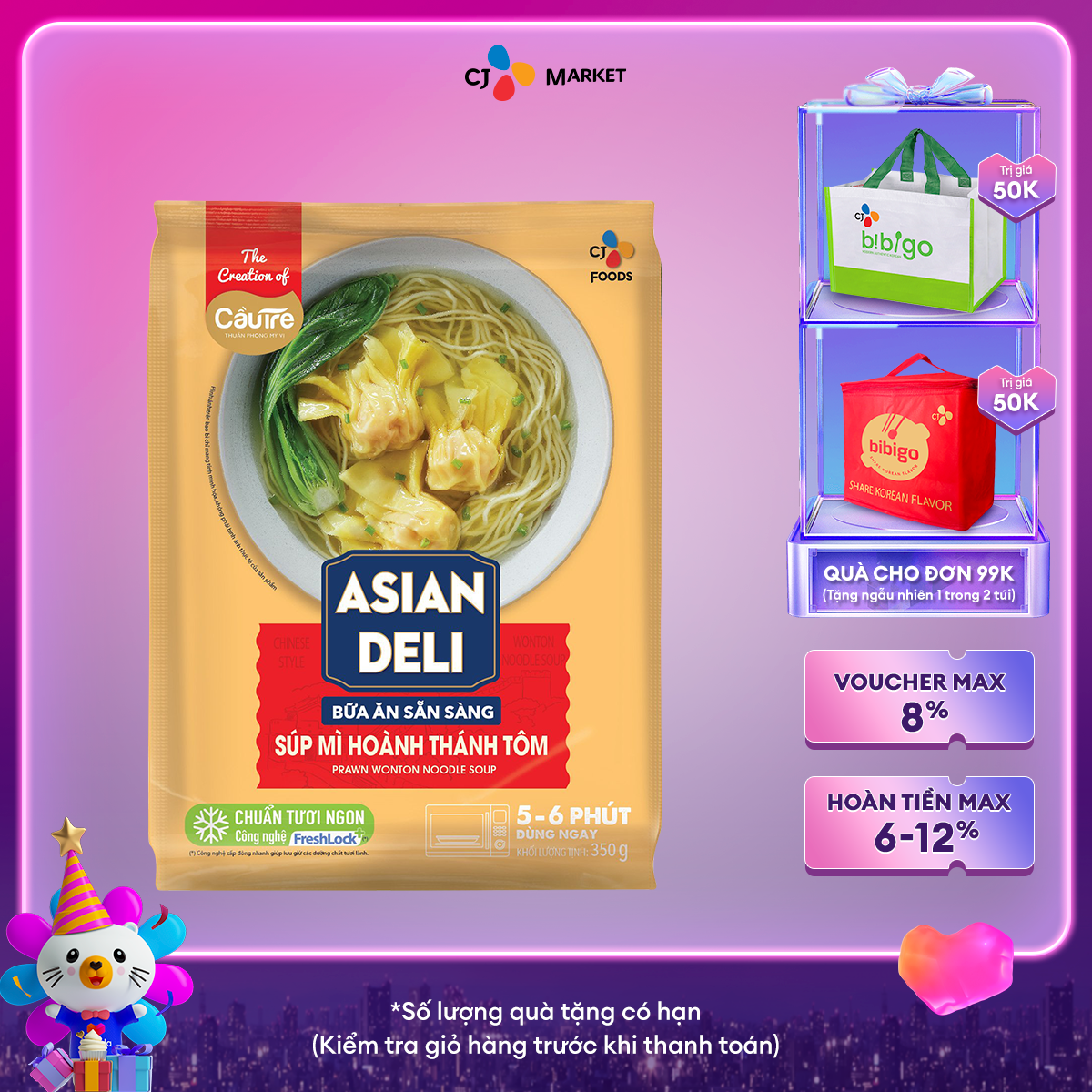 HCM & HN Súp Mì Hoành Thánh Tôm Cầu Tre - Tô 350G bữa ăn hoàn chỉnh