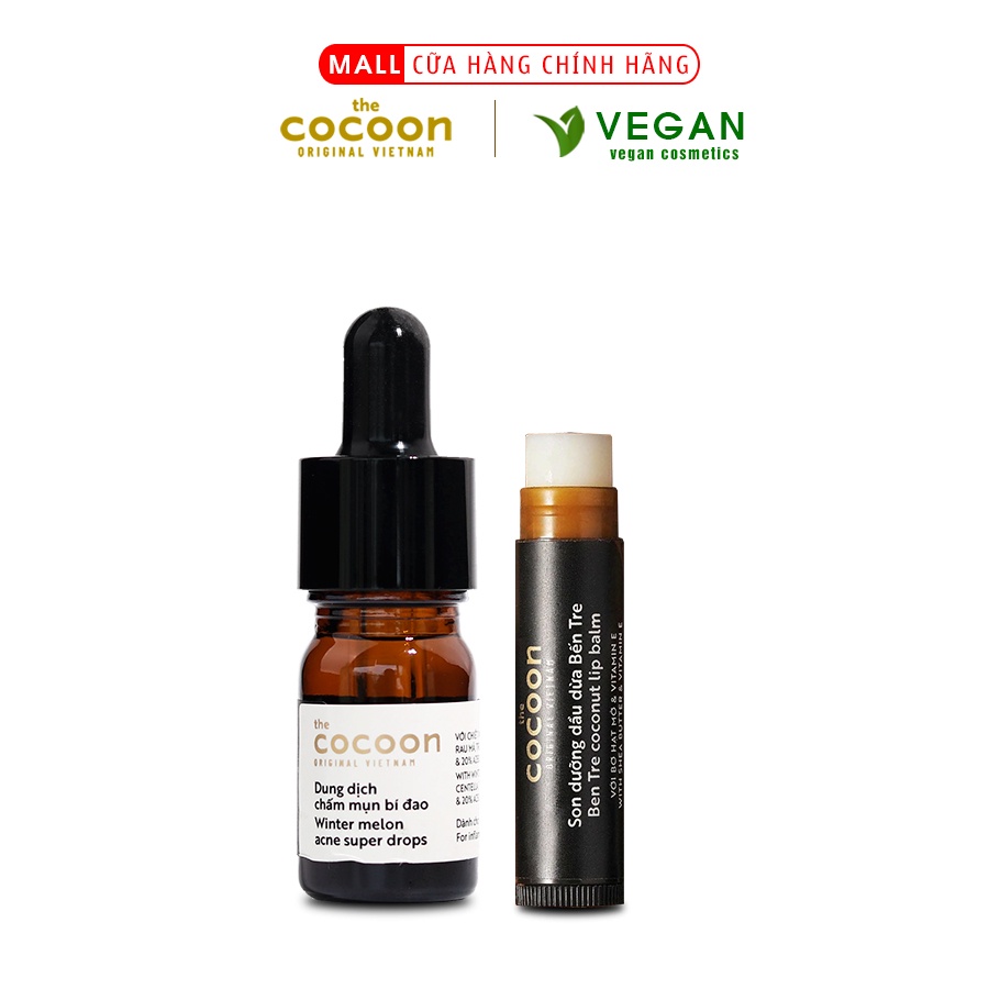 Combo Dung dịch chấm mụn bí đao Cocoon 5ml + Son dưỡng môi dầu dừa Bến Tre 5g