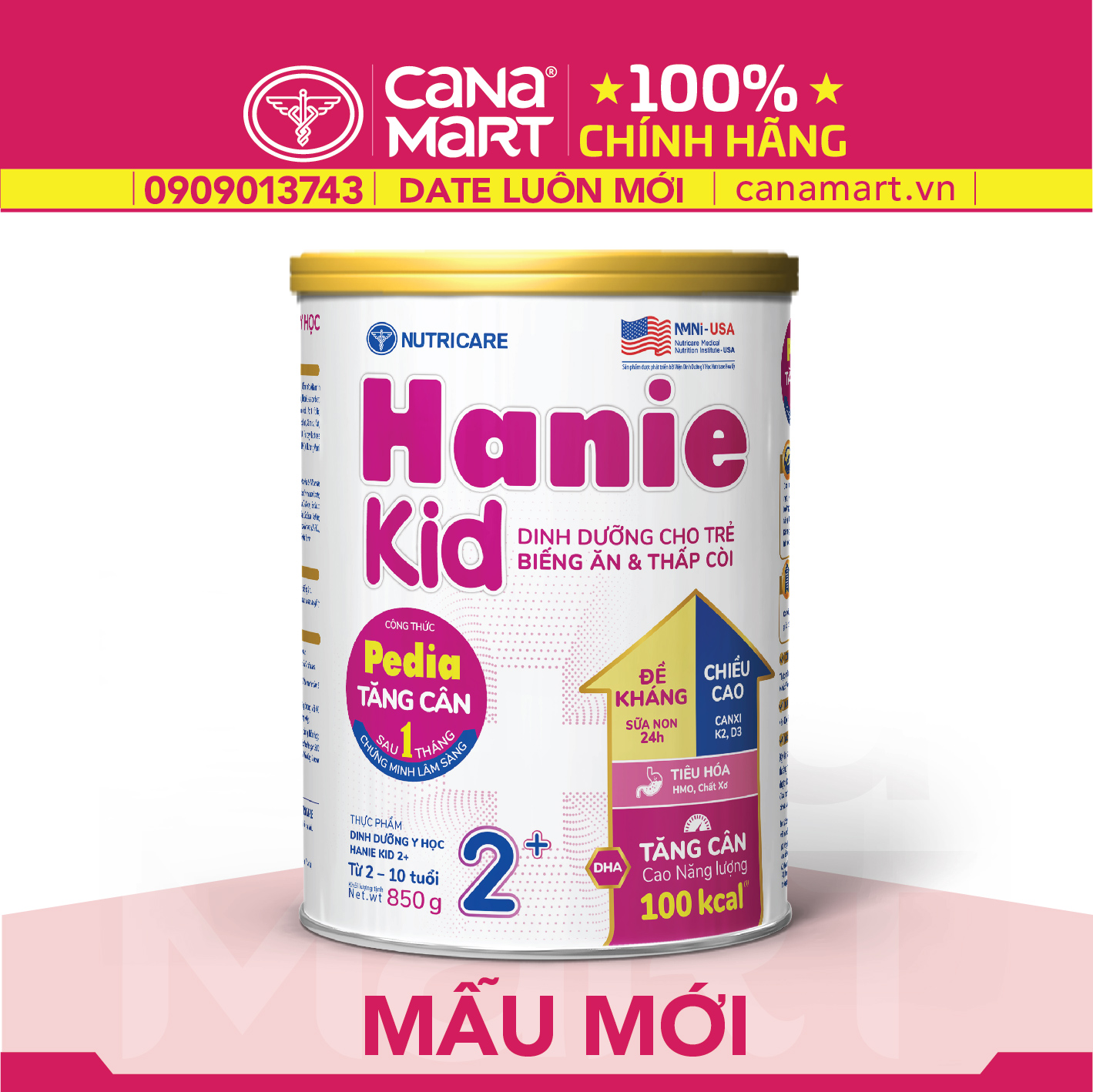 Sữa bột Nutricare Hanie Kid 2+ cho trẻ biếng ăn suy dinh dưỡng 900g