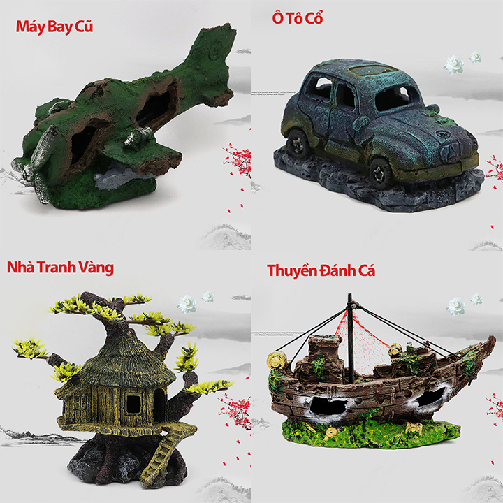 Mô hình ô tô tiểu cảnh - xác máy bay - xác tàu thuyền đắm - nhà tranh vàng - thùng gỗ mục trang trí bể cá non bộ bể cá mini