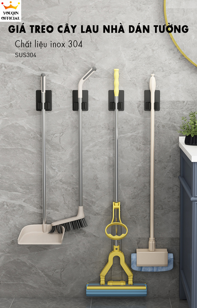 Móc treo cây lau nhà dán tường, móc treo cây lau nhà siêu chắc - youqin chất liệu hợp kim thép, dán keo siêu chắc, không khoan đục tường