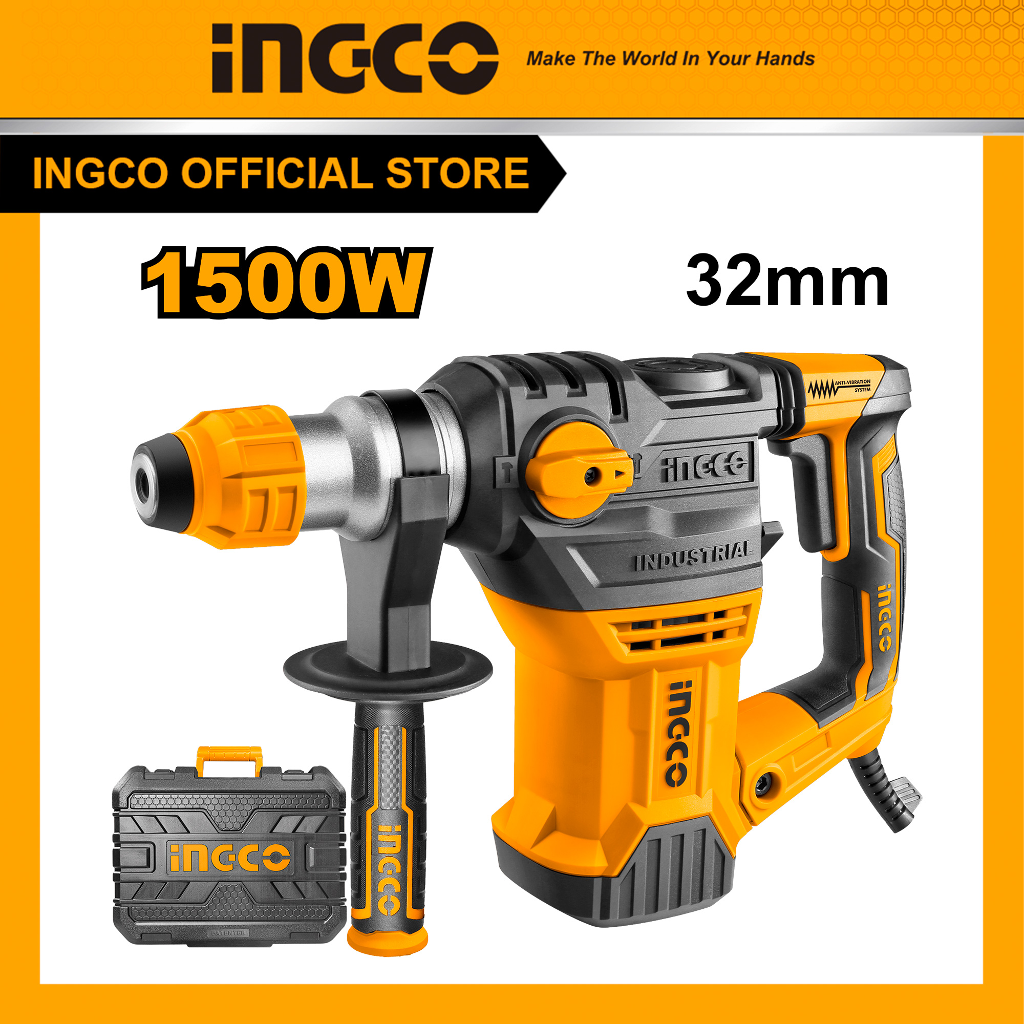 INGCO RH150028 Máy khoan bê tông 650W-1500W Ingco có búa, máy khoan cầm tay 3 chức năng khoan bê tông 32mm, khoan gỗ40mm, thép13mm