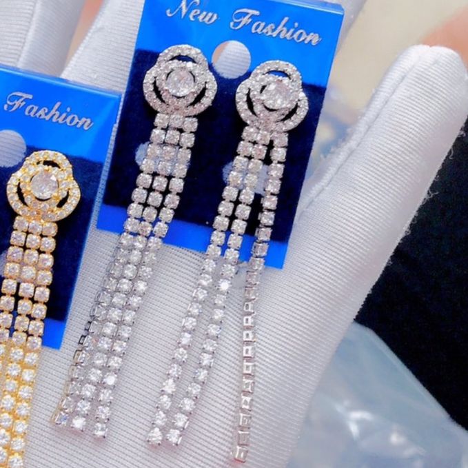 Bông tai vàng bạc tòn teng hoa xoắn đính đá sang trọng- BT862220 Juri Shop - Chất Liệu Lõi Bạc Pha Cao Cấp - Cam Kết Không Đen, Không Dị Ứng