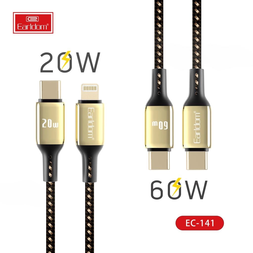 Dây cáp sạc nhanh ec-141 chính hãng earldom chuẩn type-c to type-c và tyde-c to lightning bảo hành 12 tháng